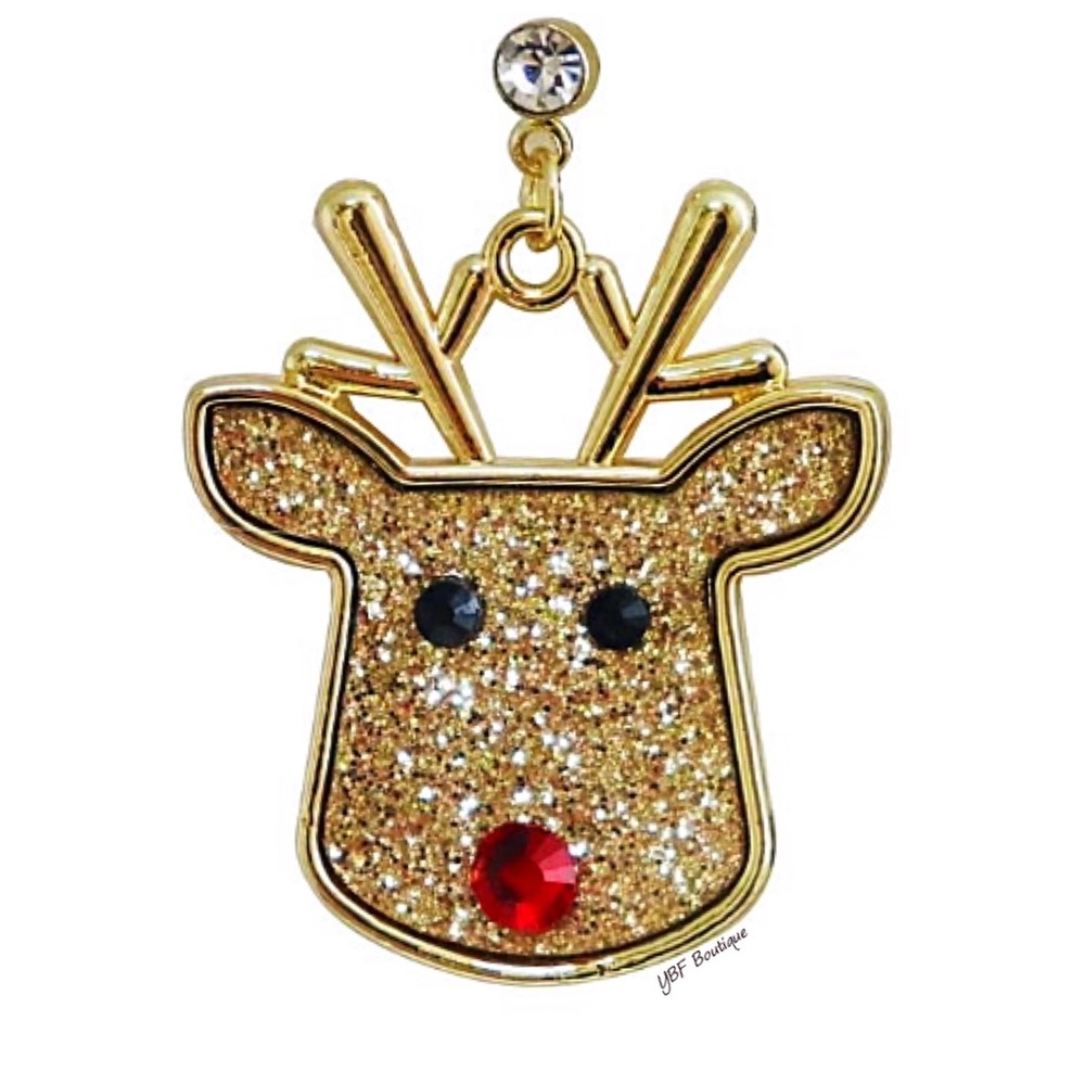 New Gold Glitter & Red Rhinestone Reindeer Christmas Post Statement Earrings - Picture 4 of 4
